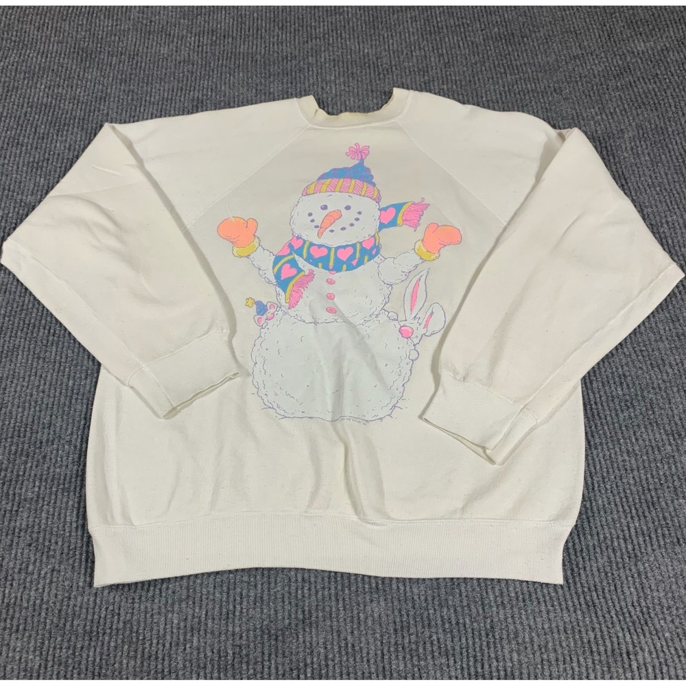 Vtg Tultex Sweatshirt Adult‎ Large White Snowman Crewneck Winter Christmas 90s